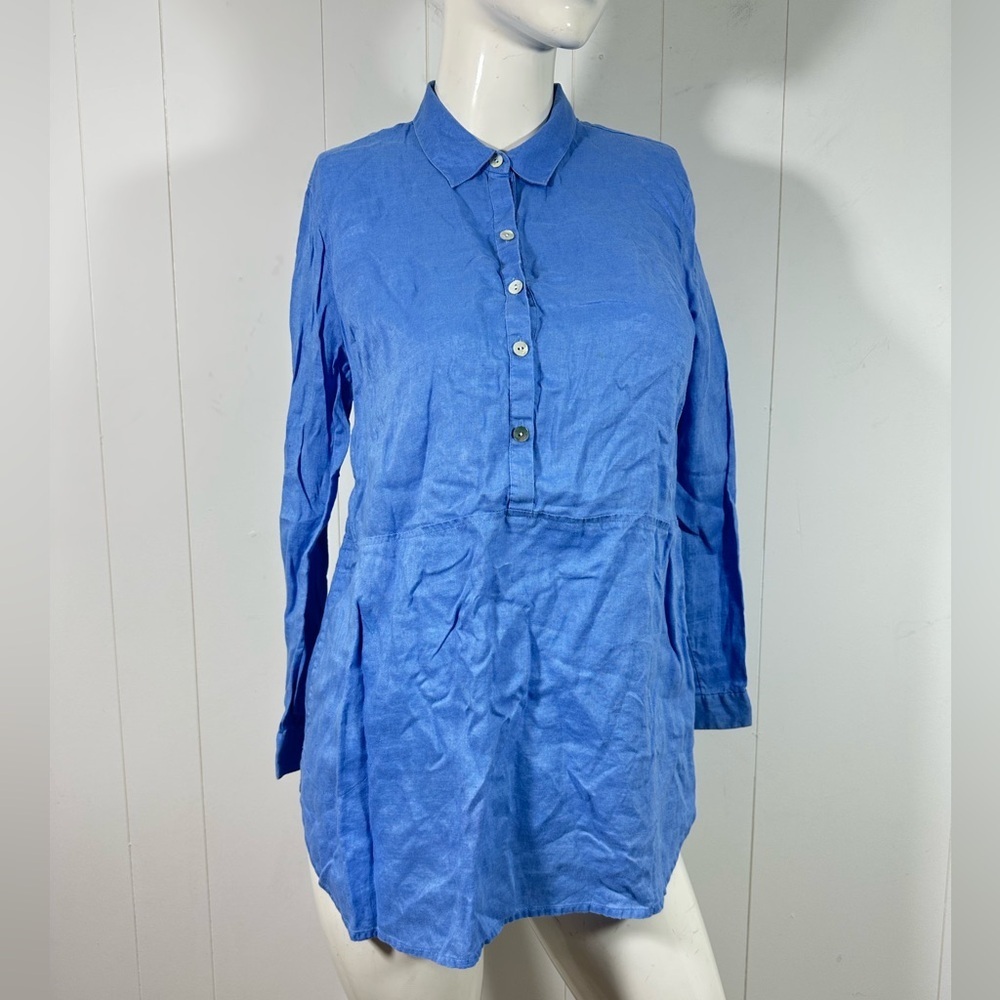 J Jill Love Linen Sz S Petite Blue Half Button Tunic With Side Pockets Roll Tab - Picture 2 of 12
